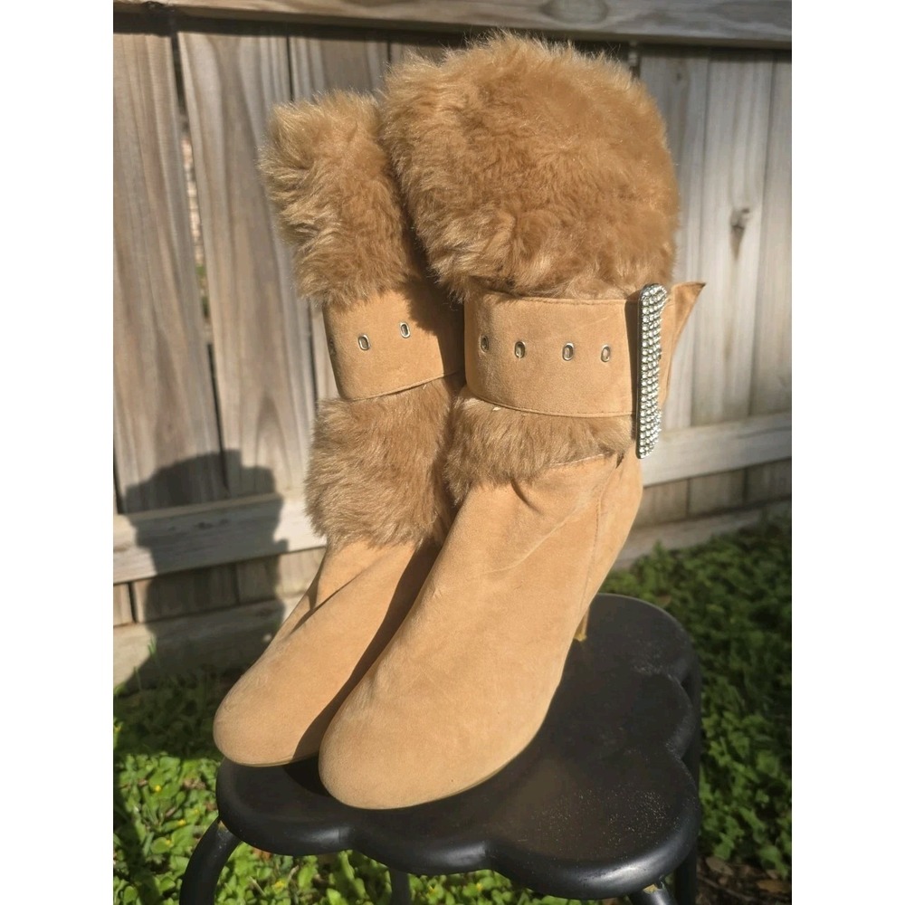 Women's brown suede with faux fur calf high heel boots size 10 gently used